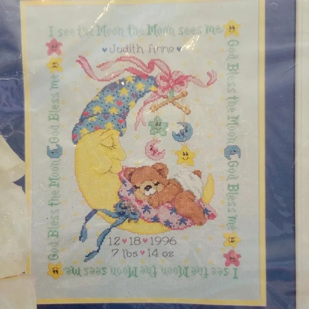 Vintage 1995 Bucilla New Baby Cross-stitch Kit Sampler Moon & Bear